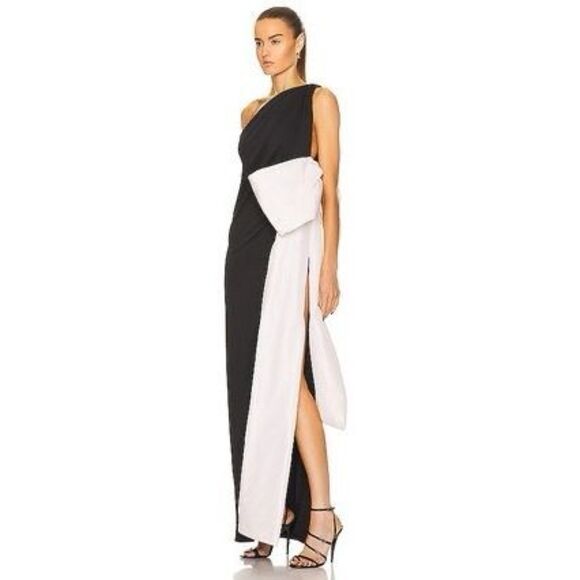 NWT Daniele Carlotta Sleeveless Colorblock One Shoulder Gown Black Ivory Size XS - Picture 3 of 12